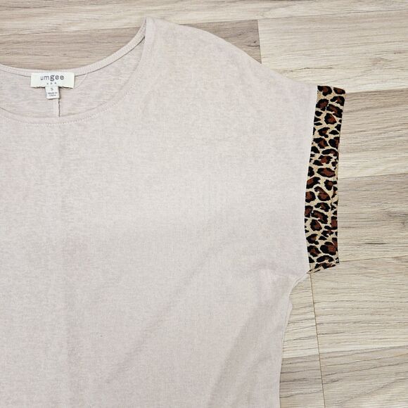 Umgee Womens Tan Animal Print Leopard Trim Cotton Blouse Small - Picture 4 of 8